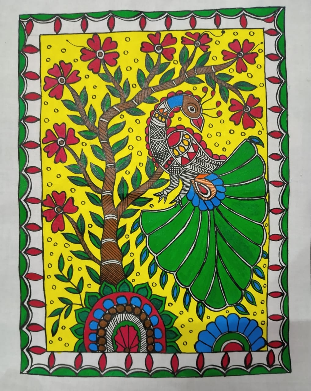 Peacock on Blossoming Branch – Handmade Madhubani Painting